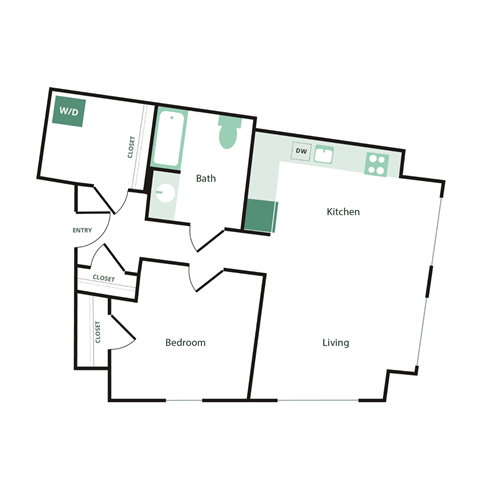A diagram of a house layout with a living room, kitchen, bathroom, and bedroom.